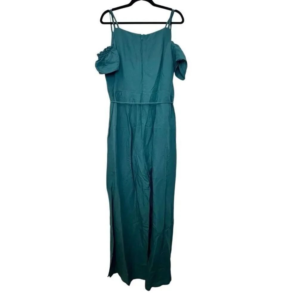 Yessica V-neck Tassel Tie Belt Cold Shoulder Linen Blend Jumpsuit Teal Large